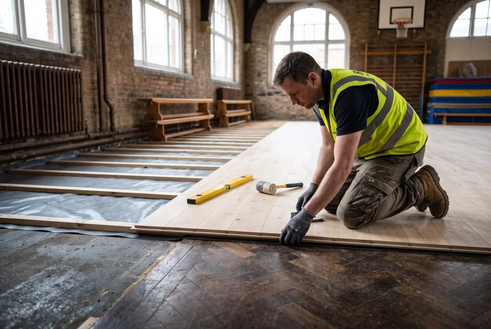 A contractor in a hi-vis vest installing light wooden sports flooring inside a school gymnasium.