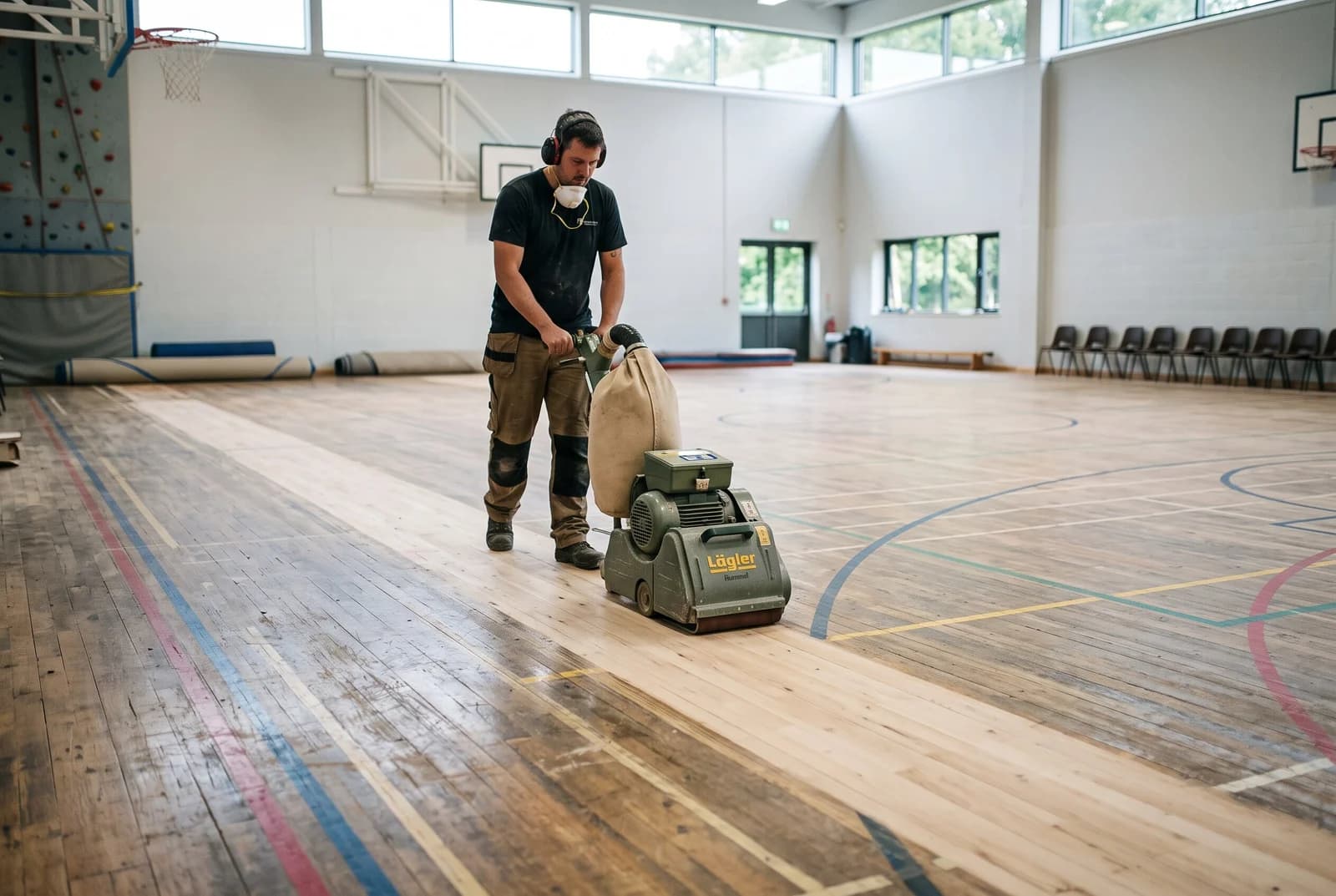 Worker operating a heavy-duty belt sander on a wooden sports hall floor, removing old varnish.