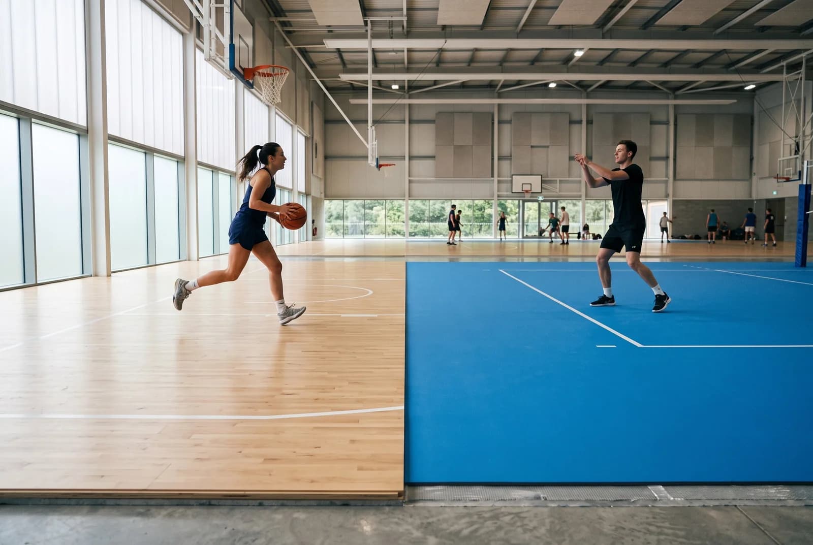 Split view of athletes playing basketball on hardwood timber flooring and blue synthetic sports court flooring.