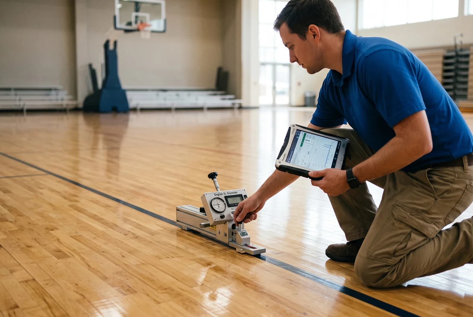 Technician using a slipmeter and tablet to test friction on a hardwood basketball court.