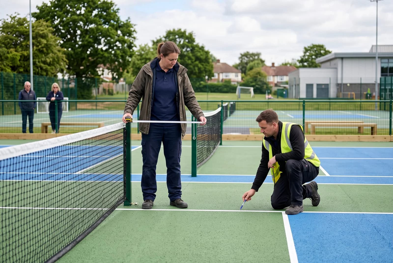 Two workers measuring lines on a green and blue outdoor pickleball court next to a net.