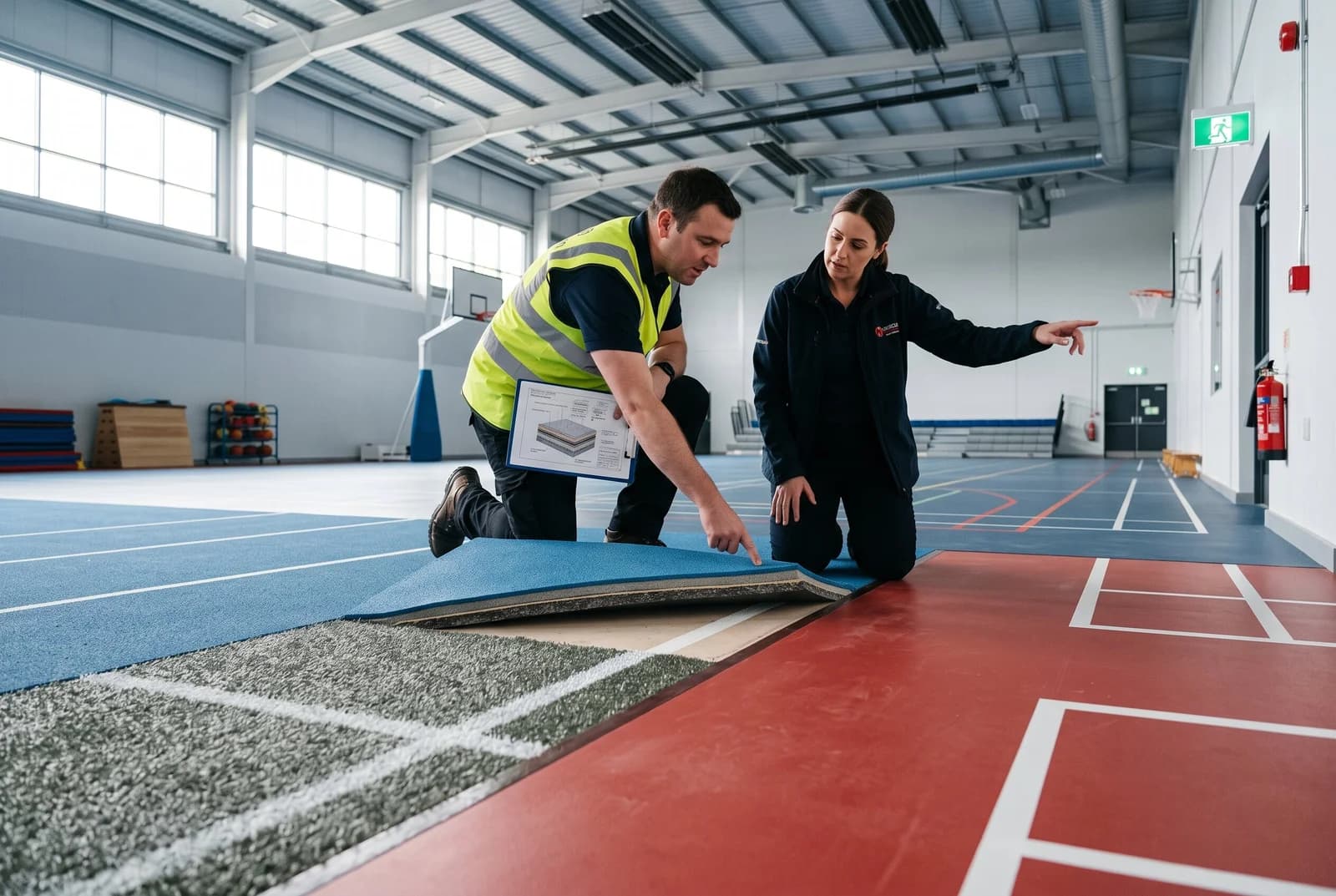 Two inspectors in a sports hall examine multi-layered flooring near an emergency fire exit and extinguisher.