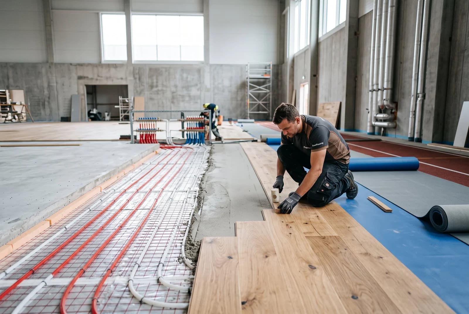 Worker placing wooden floor planks beside an exposed underfloor heating pipe grid in a sports facility.