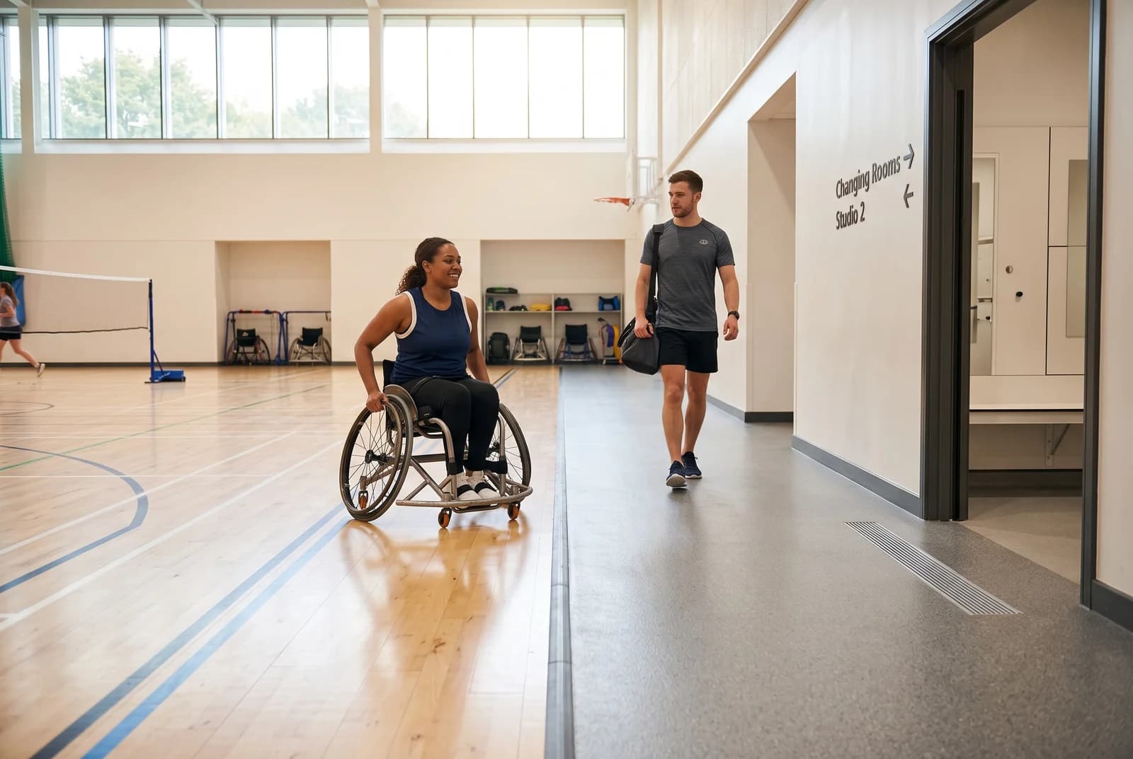 A woman in a sports wheelchair and a man walking on a smooth level floor in a sports hall.