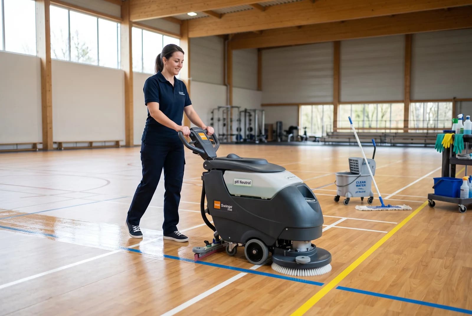 A woman operating a floor scrubber machine on a polyurethane sports hall floor marked with court lines.
