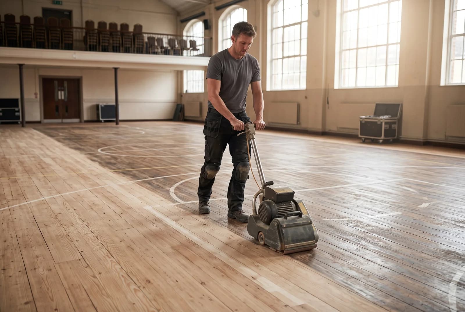 A worker operating a heavy sanding machine to restore a wooden sports court floor inside a large indoor hall.