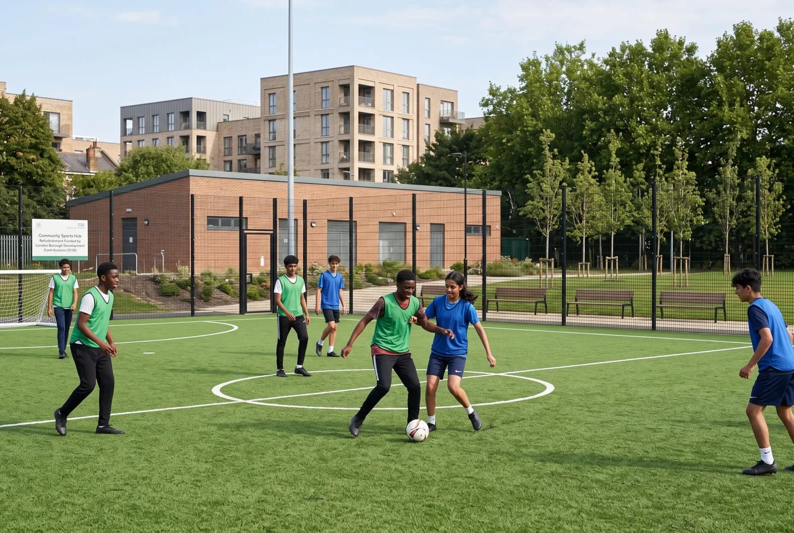 Young people playing football on an artificial turf sports pitch near modern London apartment buildings.