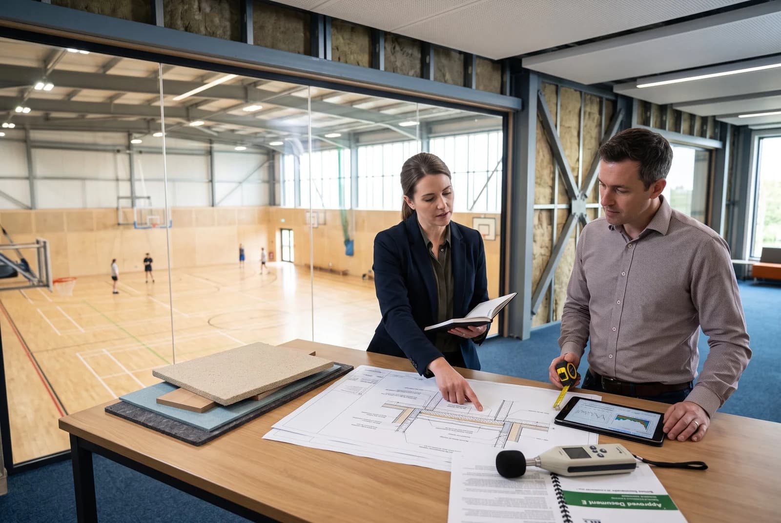 Two acoustic consultants reviewing blueprints and material samples overlooking an indoor sports hall.