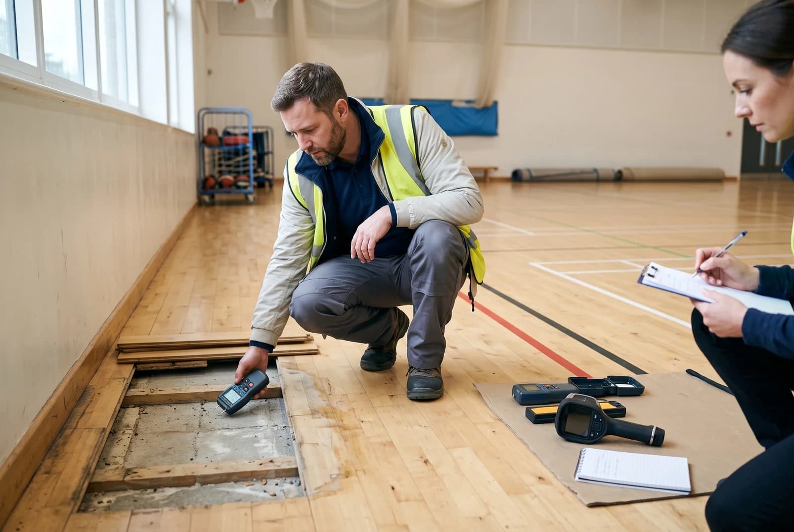 Technician using a moisture meter to inspect an exposed wooden subfloor in a sports hall while a colleague takes notes.